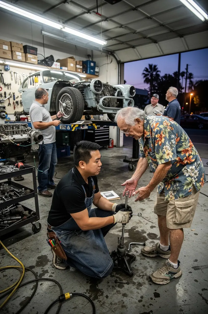 Professional assessment of rust damage on a vintage car chassis in Los Angeles