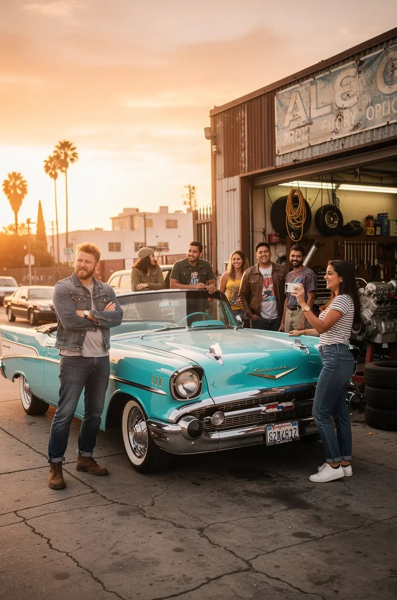 Mechanic using specialized tools for carburetor tuning on a classic muscle car