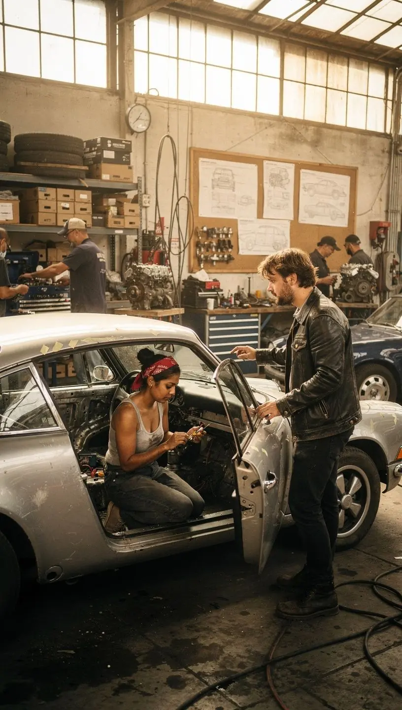 Restored classic car displayed in a bright, clean Los Angeles workshop environment