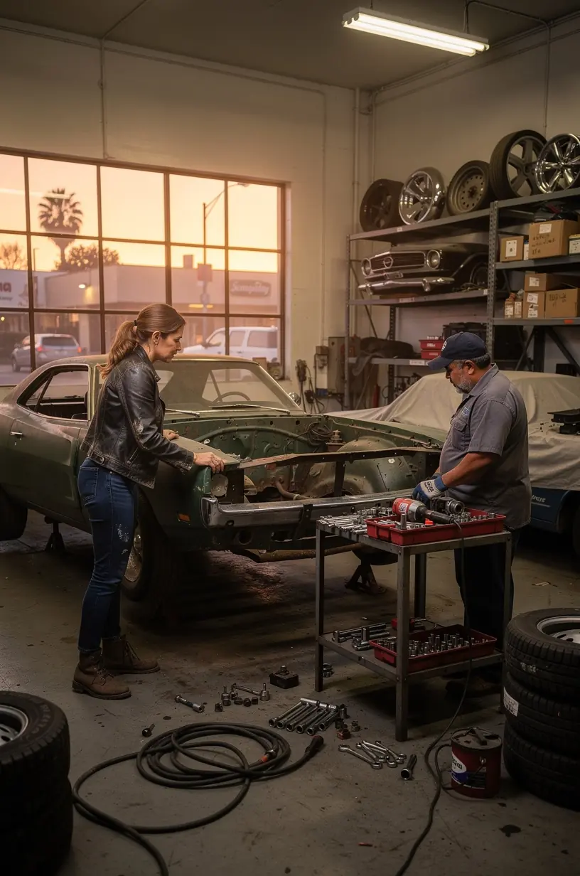 Expert technician carefully refinishing exterior paint on classic European sports car